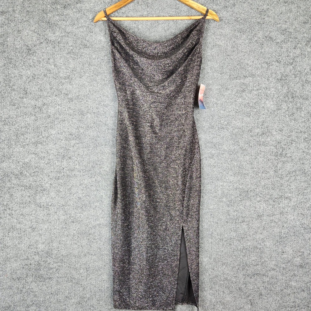 NWT Haley & June Dress Metallic Cowl Neck Midi Black Silver Small